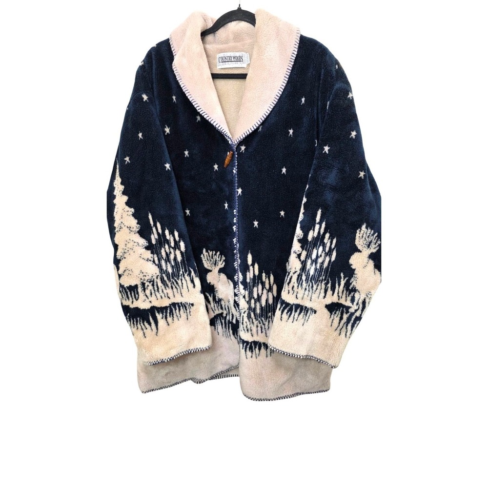 Country Woods Sherpa‎ Fleece Cardigan Jacket Moose & Pine Tree Pattern Size XL